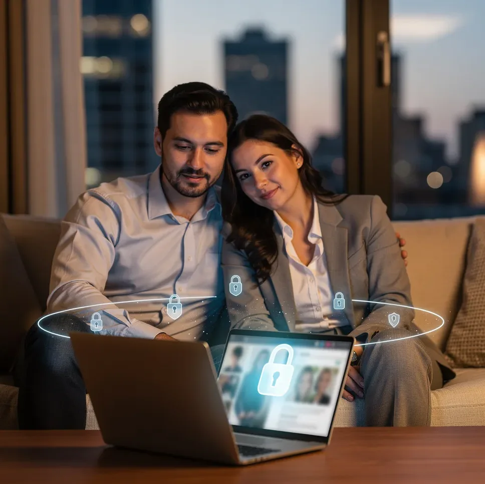 Image symbolique des rencontres en ligne sécurisées avec un couple heureux. Elle illustre la protection des données, la protection des données personnelles, l’identification de profils de rencontre sérieux et un départ sûr dans la recherche d’une relation.