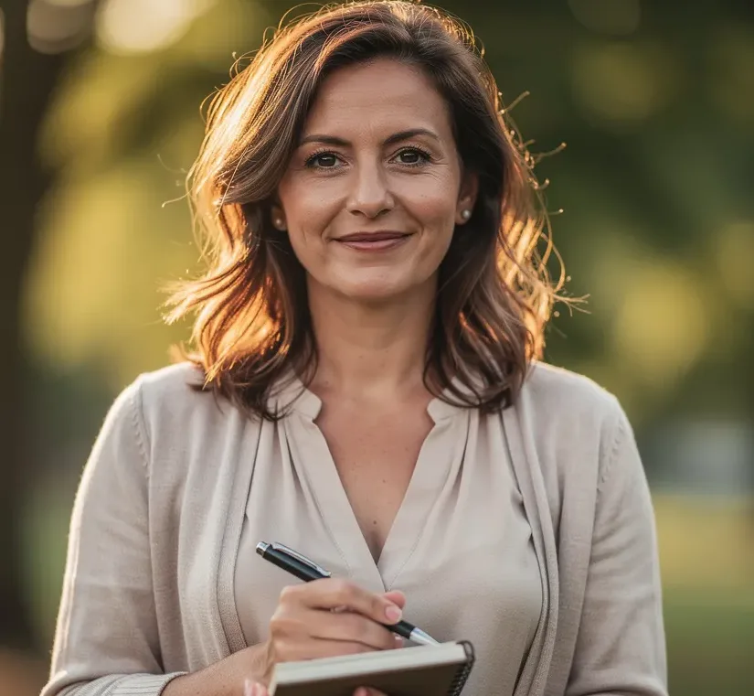 Marie, experte des relations et des rencontres chez eDarling, sourit à l'extérieur en tenant un carnet de notes.
