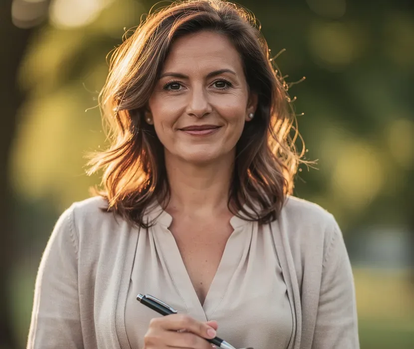 Marie, experte des relations et des rencontres chez eDarling, sourit à l'extérieur en tenant un carnet de notes.