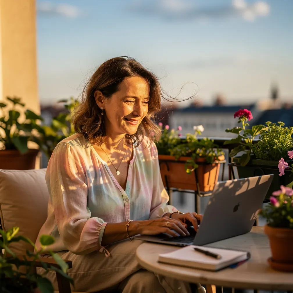 Femme d’une quarantaine d’années souriante, travaillant sur un ordinateur portable sur un balcon en été.